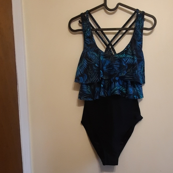 NWT Ocean Blues Blue Palm Leaves Print One Piece Swimsuit - Picture 2 of 14